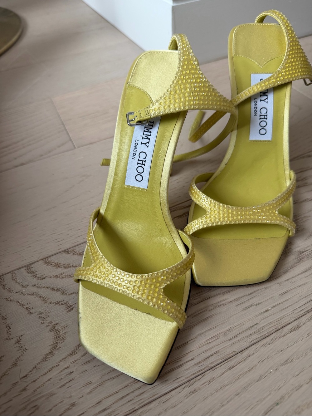 Jimmy Choo Yellow Satin Crystal-Strap Stiletto Sandals